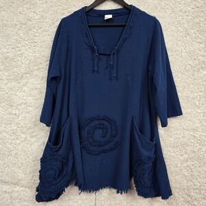 Oh My Gauze Womens One Size Blue Cotton Tunic Top Spiral Applique Fringe Boho